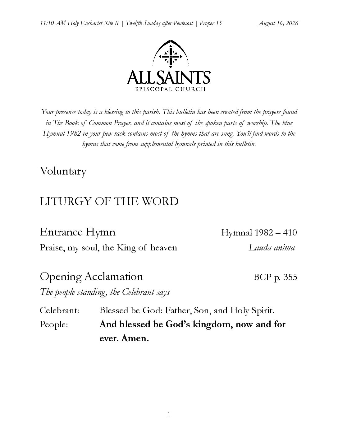 8 16 2026 Twelfth Sunday after Pentecost